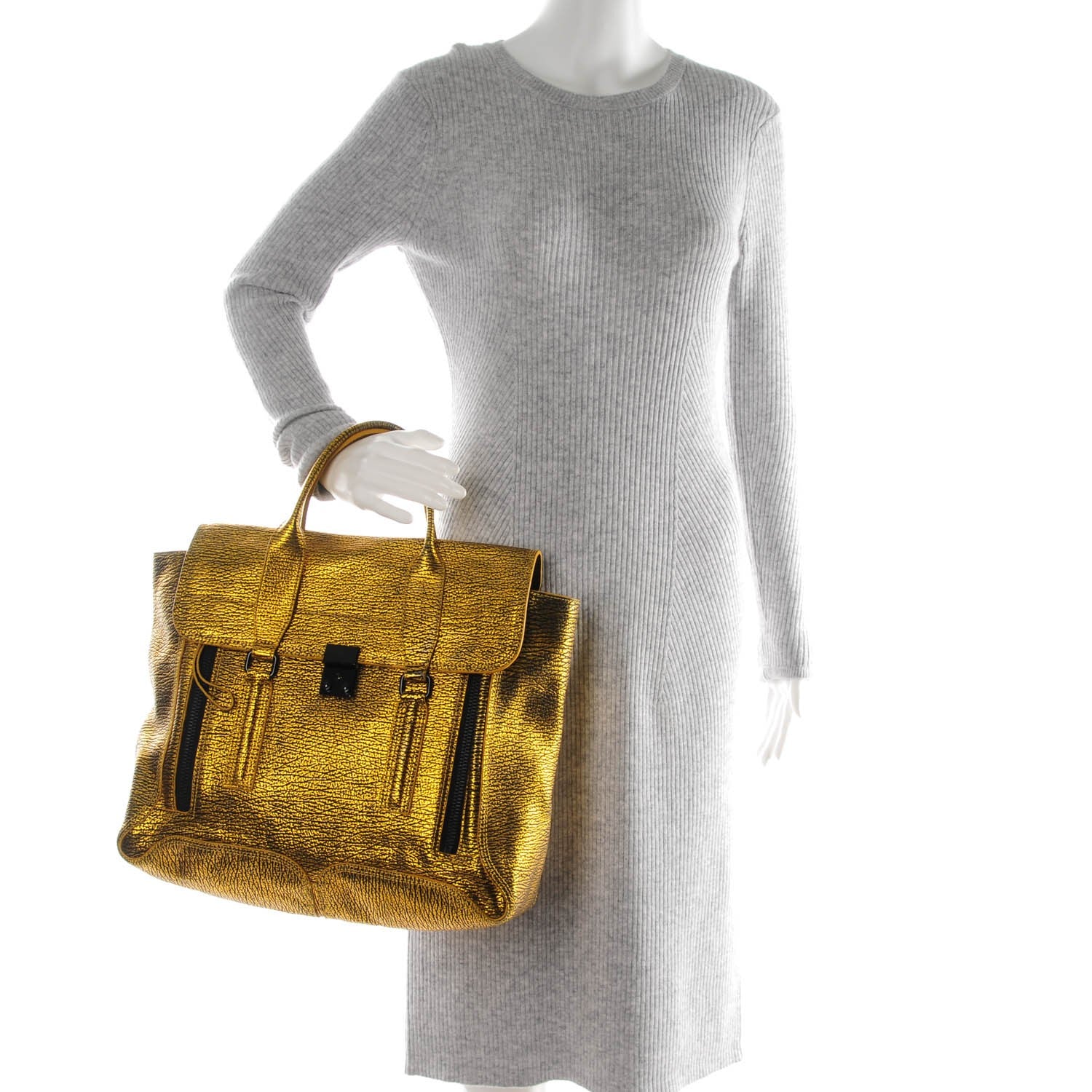 3.1 Phillip Lim 3.1 Metallic Textured Calfskin Large Pashli Satchel Gold 2 of 8