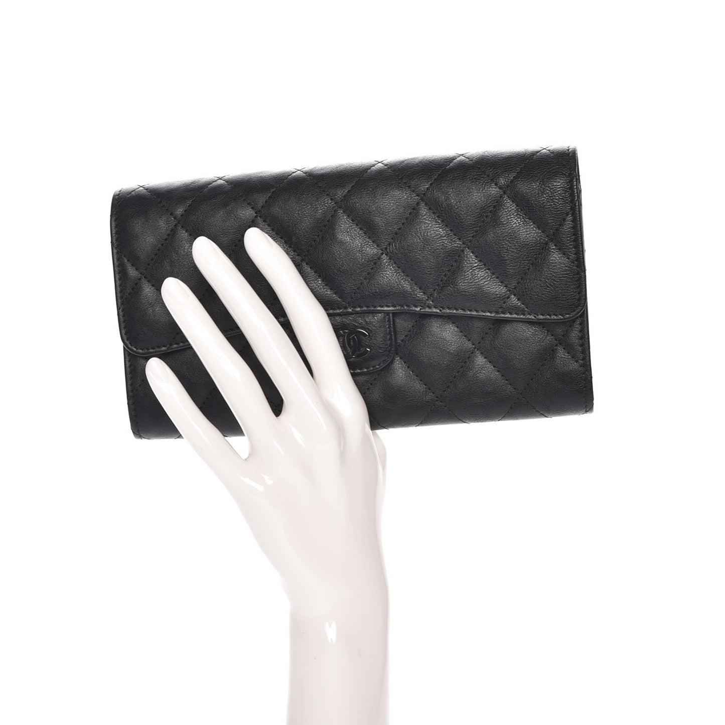 Crumpled Calfskin Quilted Large Flap Wallet So Black