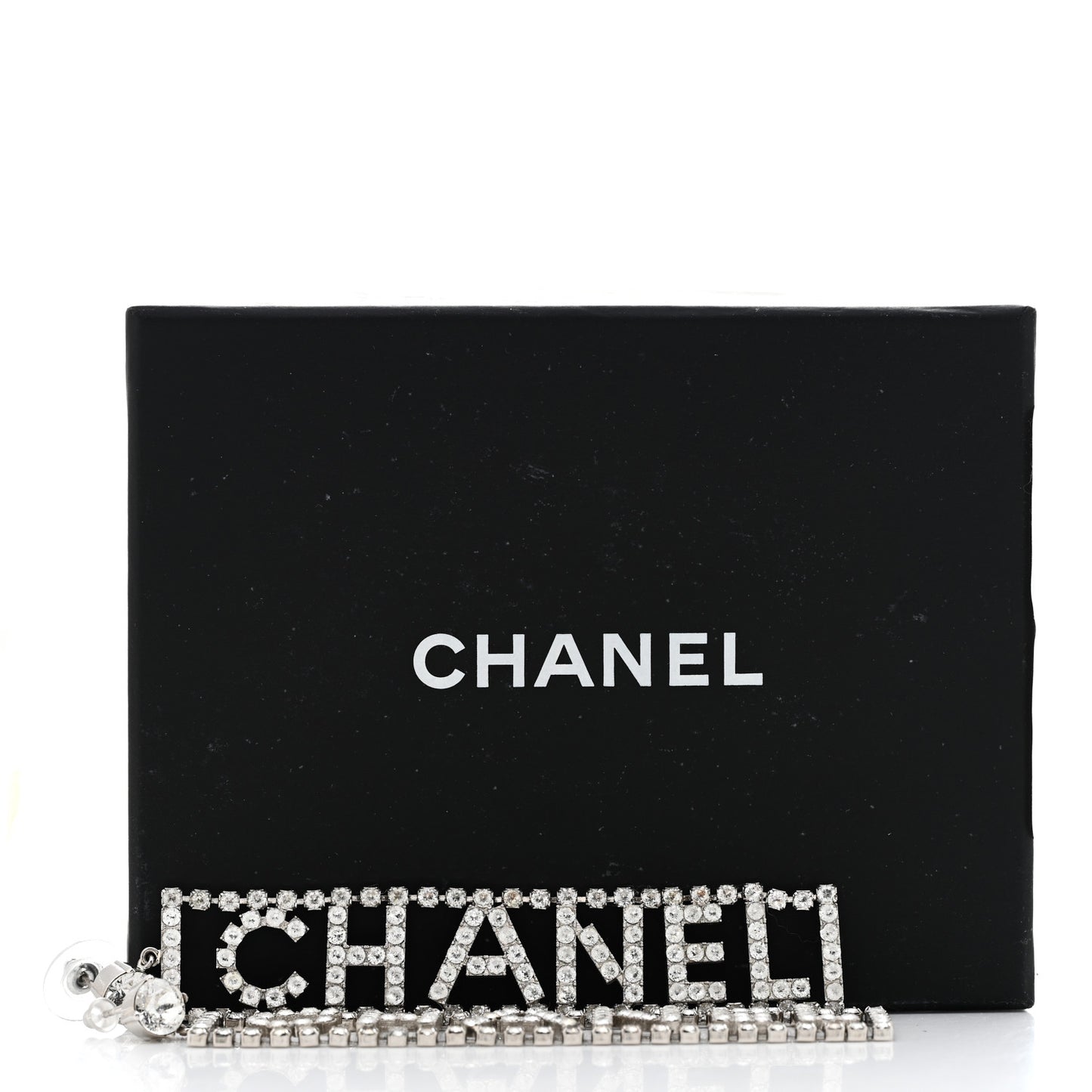 Crystal Chanel Logo Drop Earrings Silver