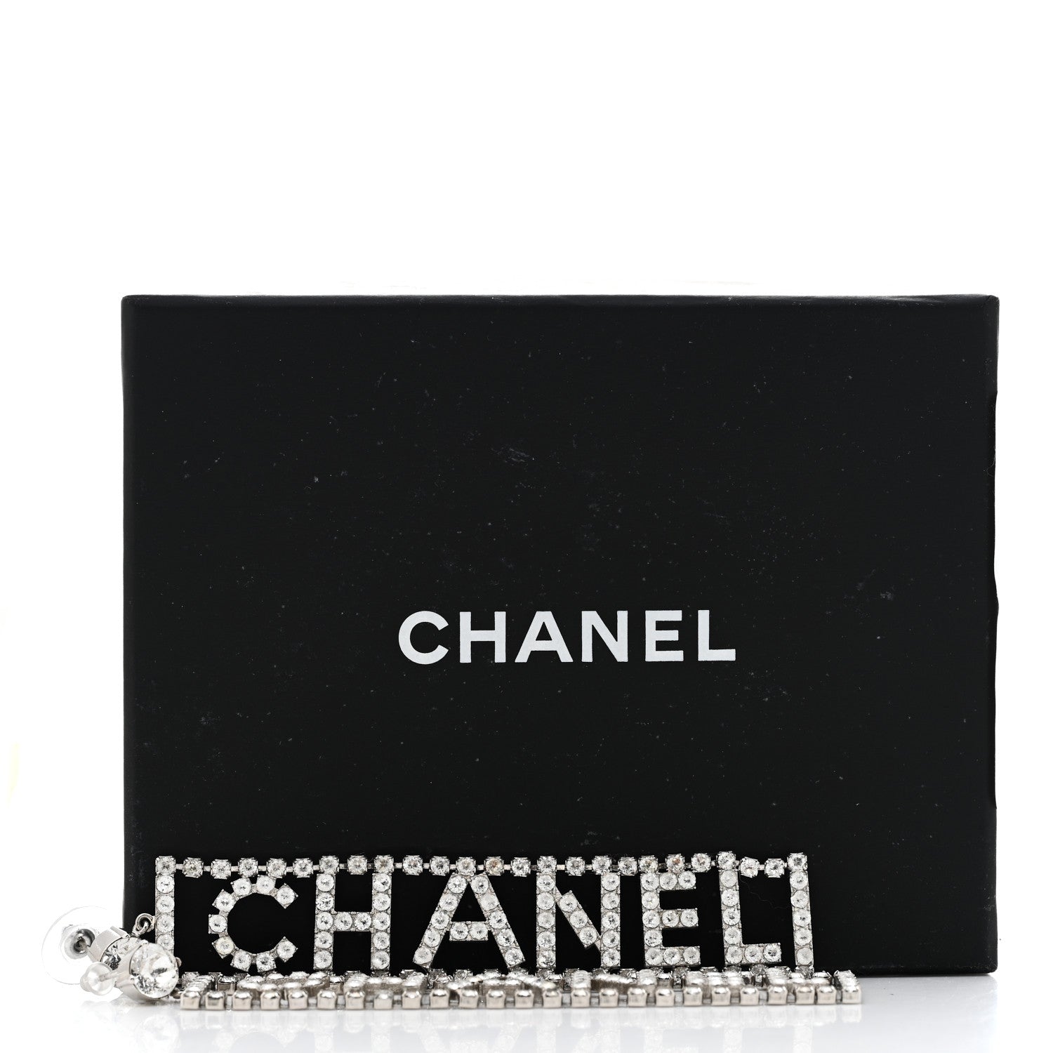 Chanel Crystal Chanel Logo Drop Earrings Silver 6 of 6