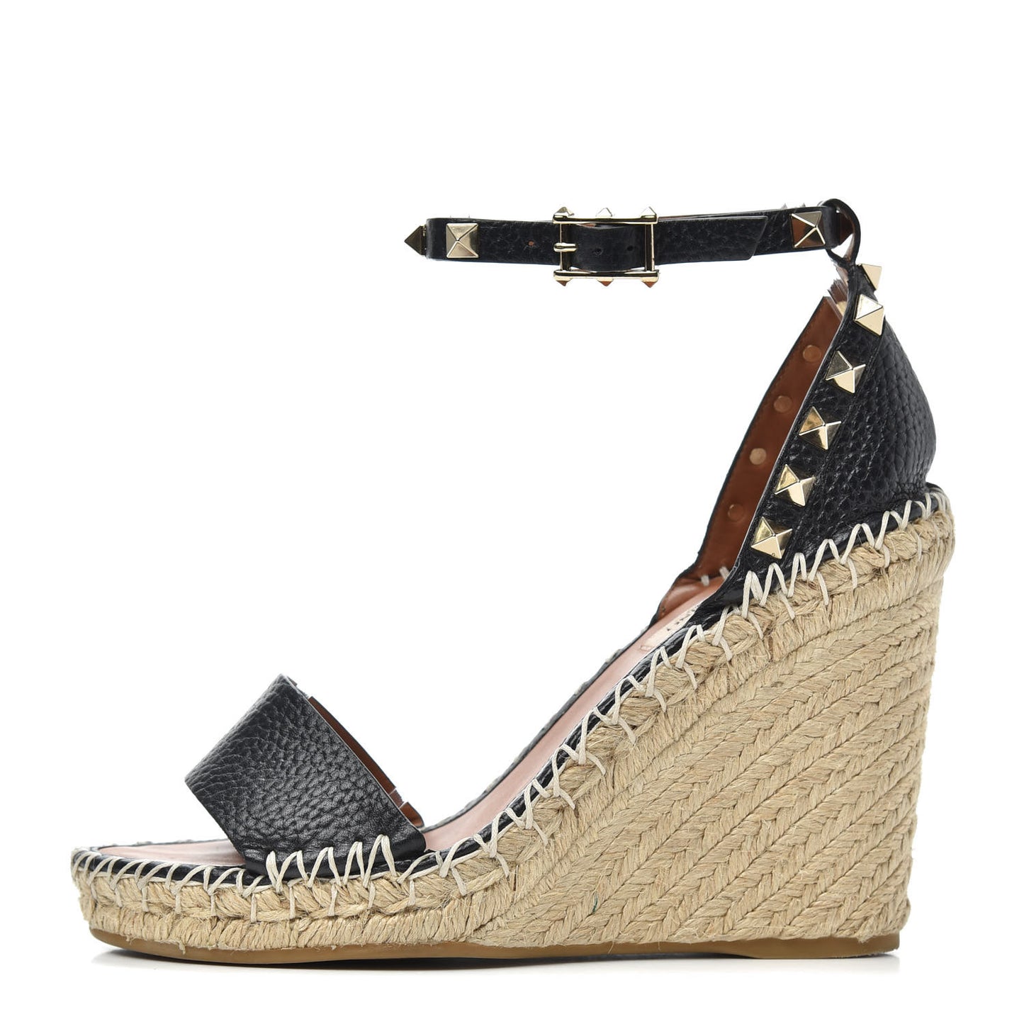 Grained Calfskin Rockstud Ankle Strap Espadrille 15/105mm Wedge Sandals 35 Black Light Cuir Natural