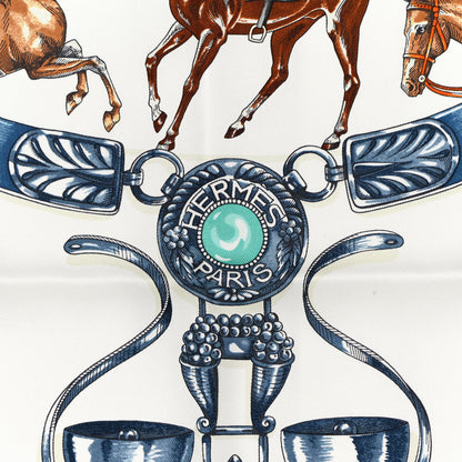 Hermes Silk Cavalcades Scarf 90 White Bleu Jean Vert 2 of 6