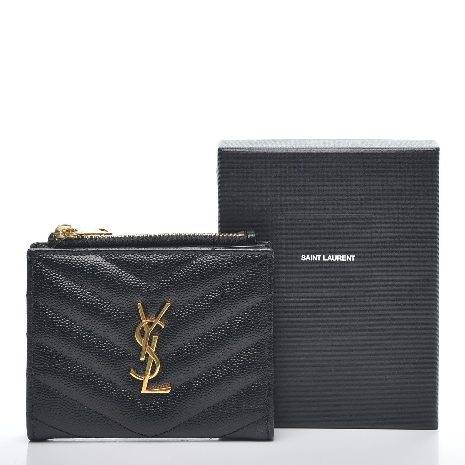 Saint Laurent Grain De Poudre Matelasse Chevron Monogram Zipped Card Case Black 7 of 7