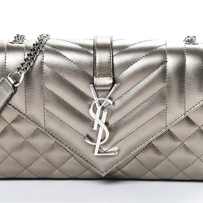 Saint Laurent Metallic Grain De Poudre Textured Mixed Matelasse Triquilt Small Monogram Satchel Piombo 7 of 9