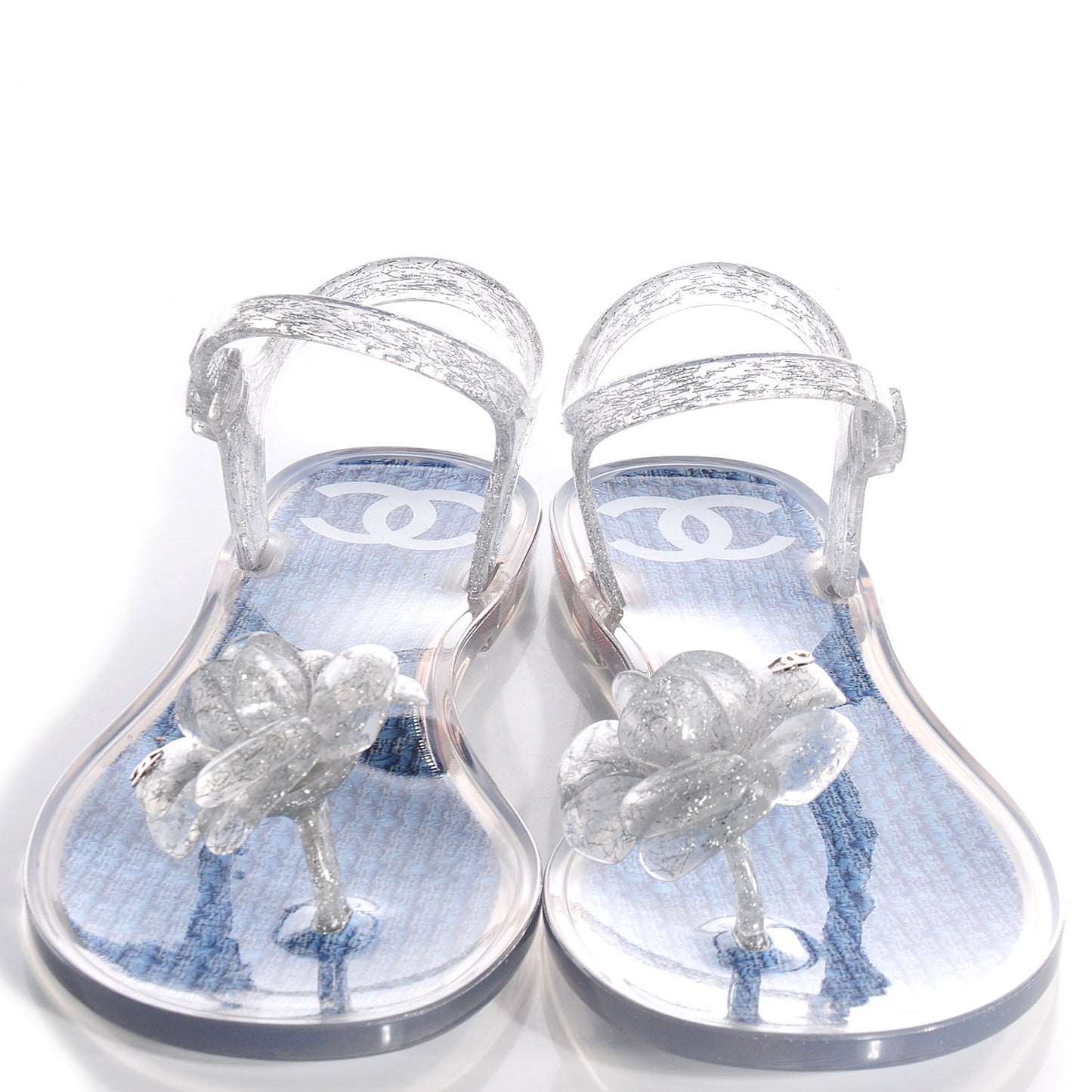 Jelly Tweed Camellia Glitter Thong Sandals 39 Blue Ecru
