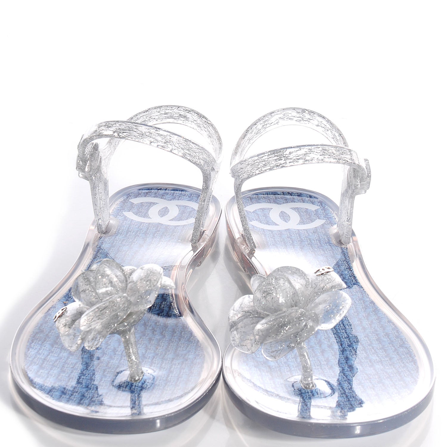Chanel Jelly Tweed Camellia Glitter Thong Sandals 39 Blue Ecru 2 of 7