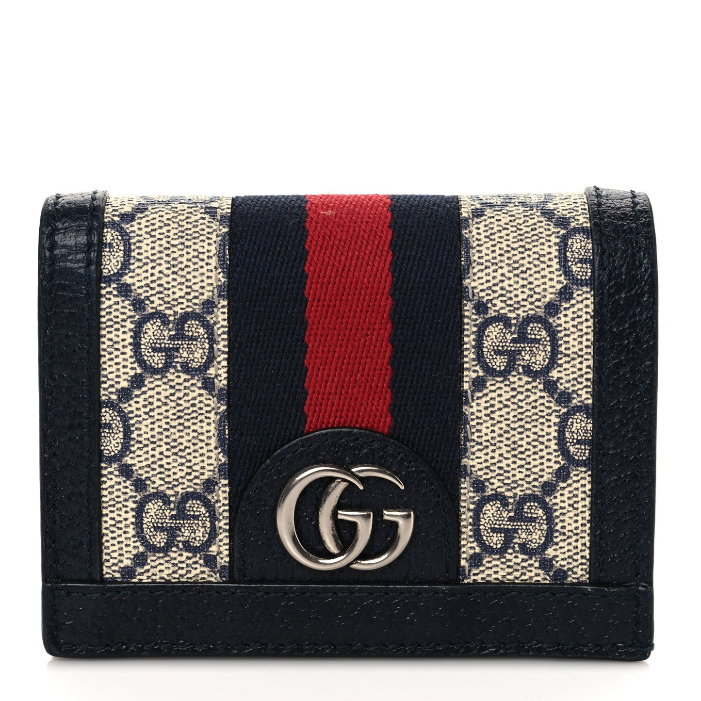 GG Supreme Monogram Textured Dollar Calfskin Web Ophidia Card Case Beige Blue