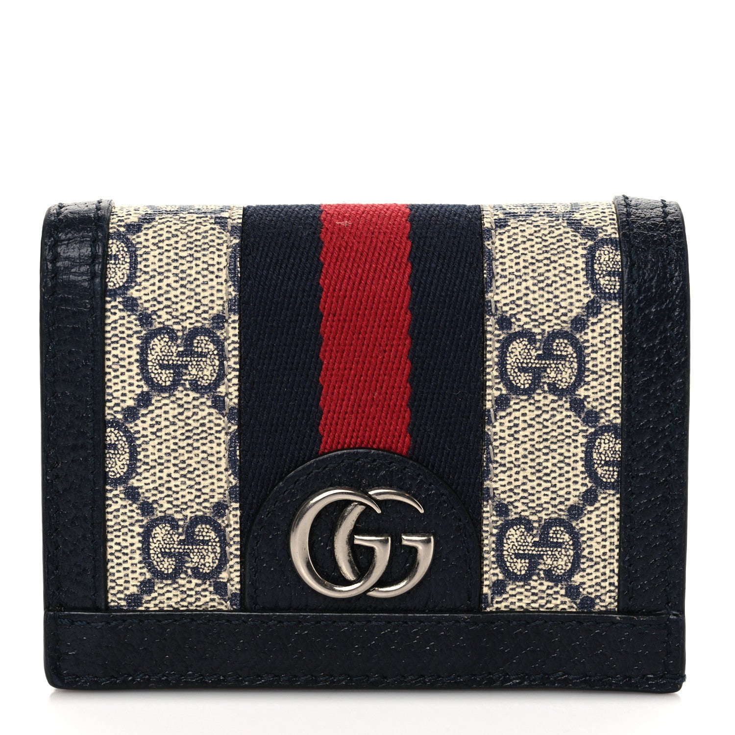 Gucci GG Supreme Monogram Textured Dollar Calfskin Web Ophidia Card Case Beige Blue 1 of 6