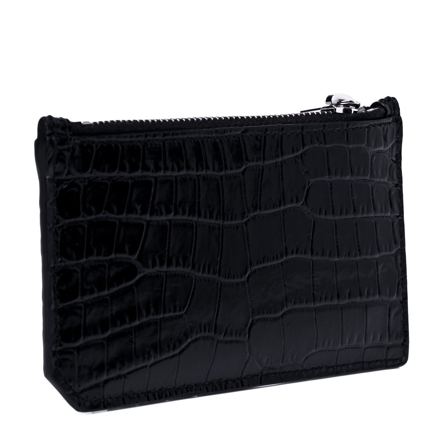 Calfskin Crocodile Embossed 5 Fragments Zip Pouch Card Holder Black
