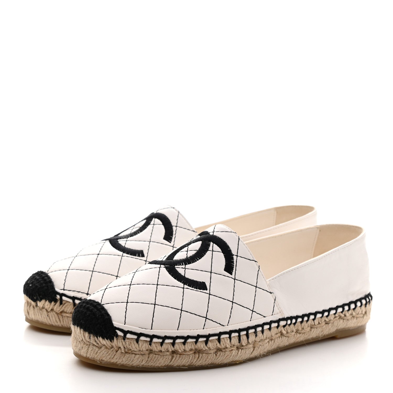 Chanel Lambskin Stitched CC Espadrilles 38 White Black 3 of 9