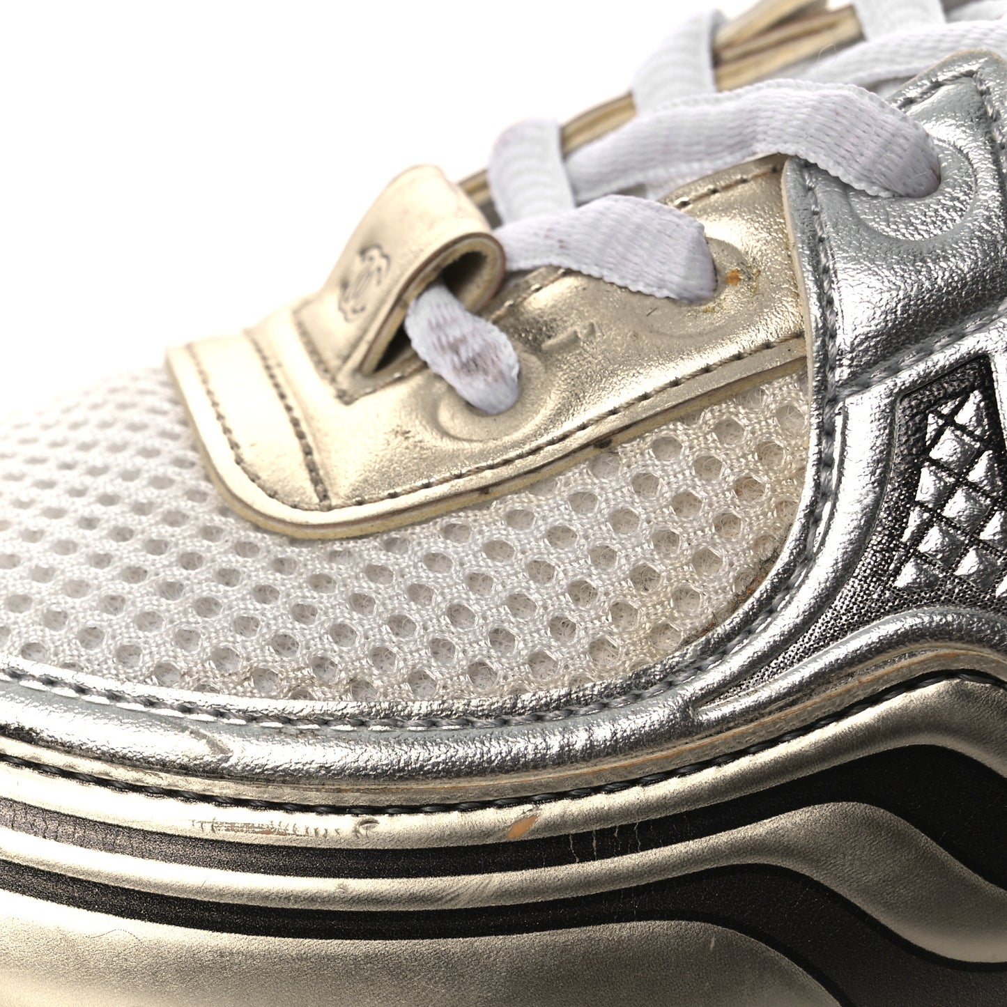 Fabric Laminated Calfskin Stretch CC Sneakers 37 White Gold Silver