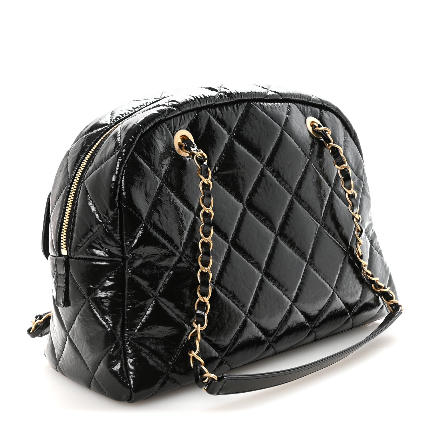 Chanel Shiny Crumpled Calfskin Quilted Large Bowling Bag Black 3 of 10