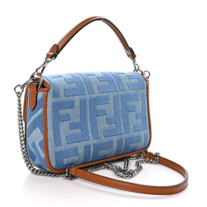 Fendi Denim Vitello King FF Embroidered Mini Baguette Denim Chiaro Brandy 3 of 12
