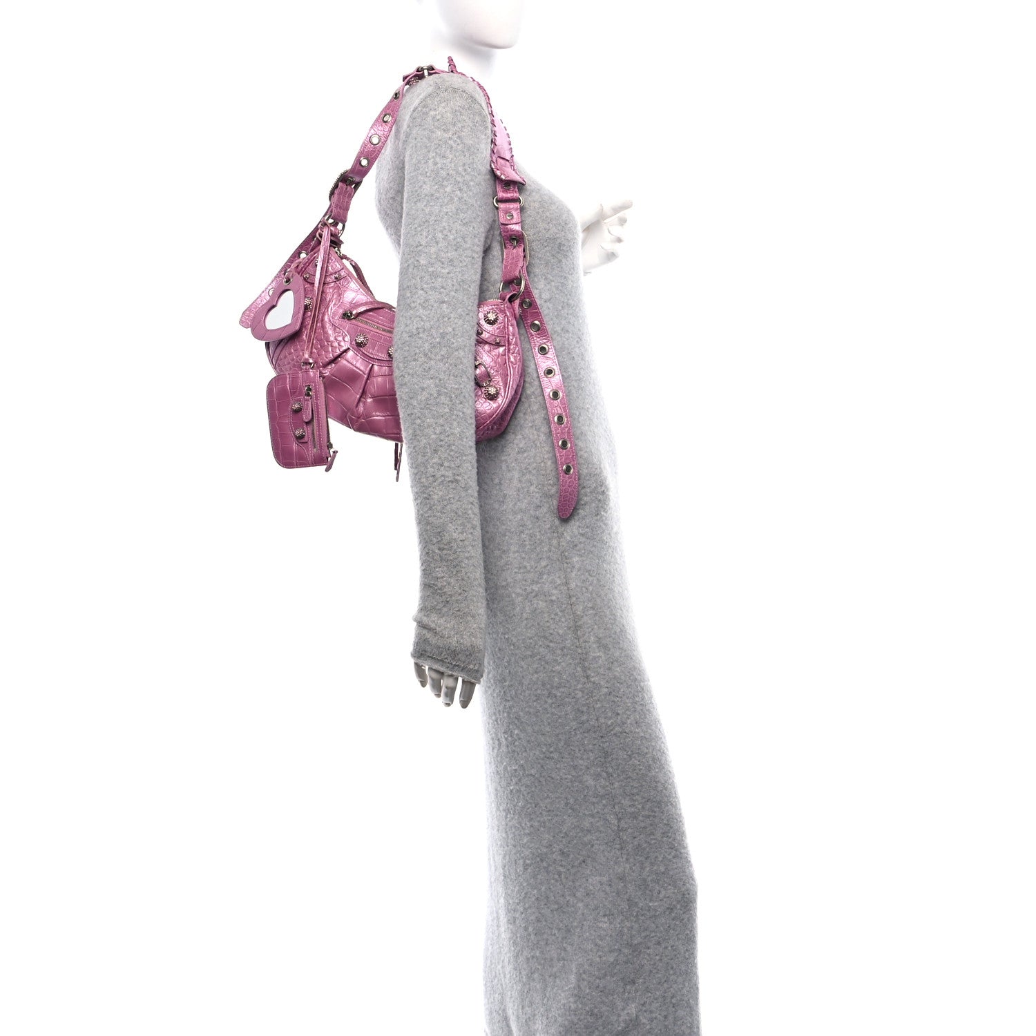 Balenciaga Metallic Extra Supple Calfskin Crystal Crocodile Embossed Small Le Cagole Shoulder Bag Pink 2 of 11