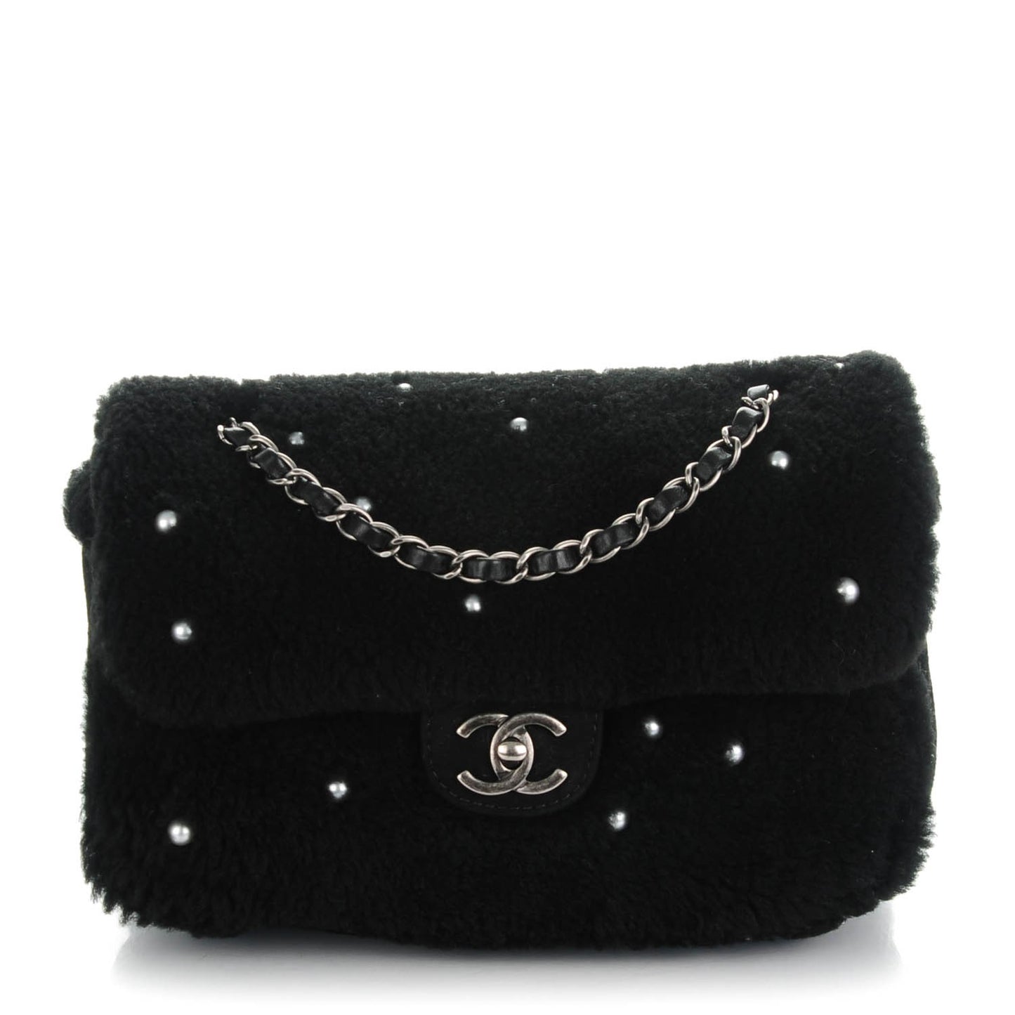 Shearling Lambskin Pearl Flap Black