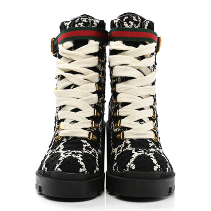 Gucci Tweed GG Monogram Lace Up Combat Ankle Boots 38.5 Black 2 of 9