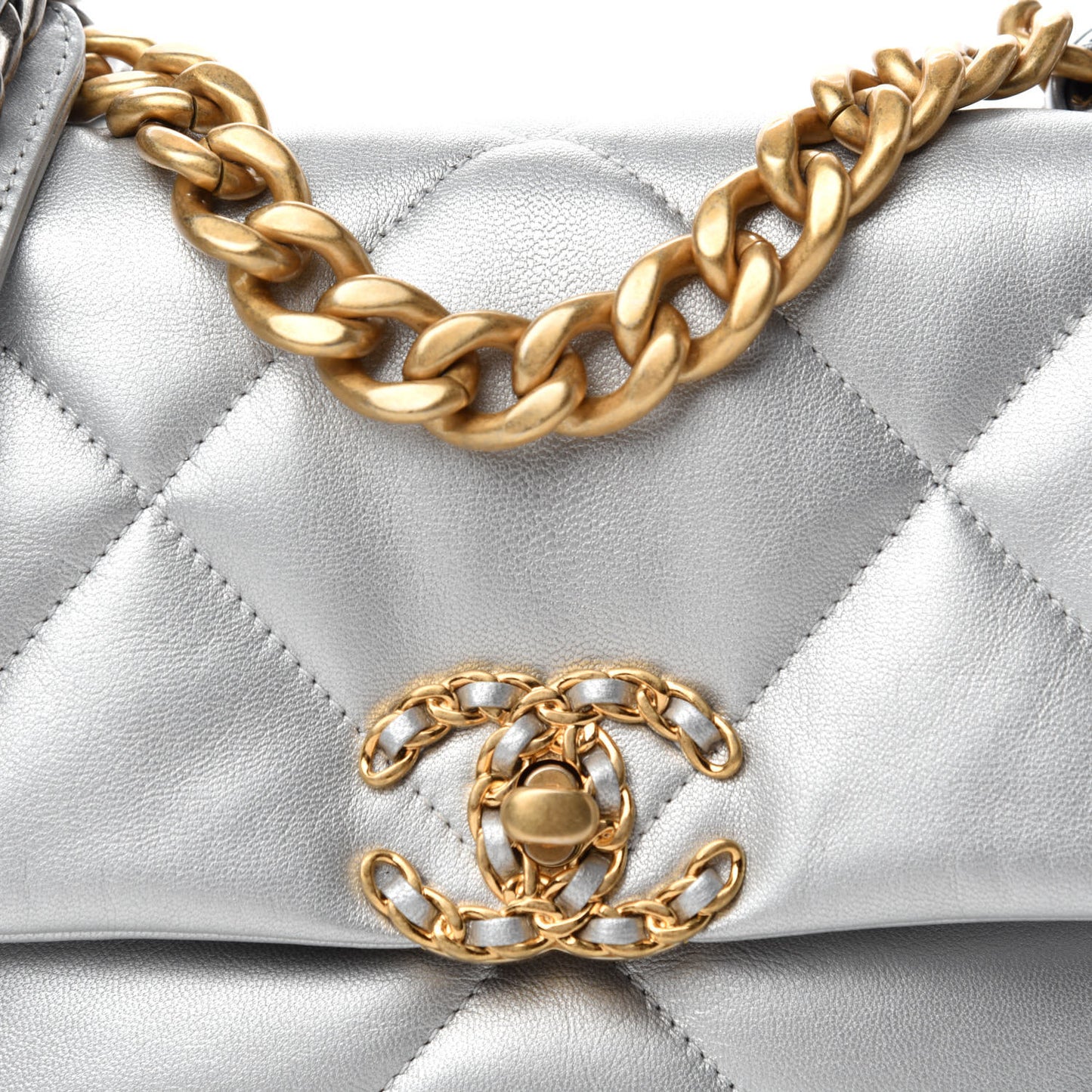 Metallic Lambskin Quilted Medium Chanel 19 Flap Silver