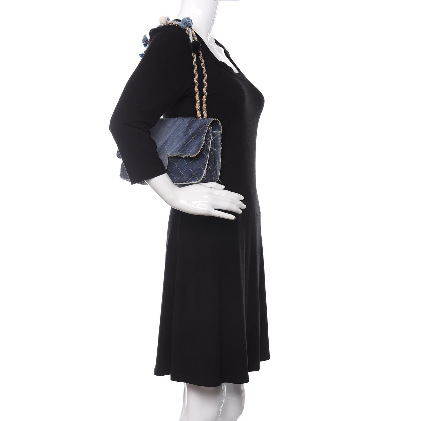 Denim Quilted Medium Pompom Flap Dark Blue