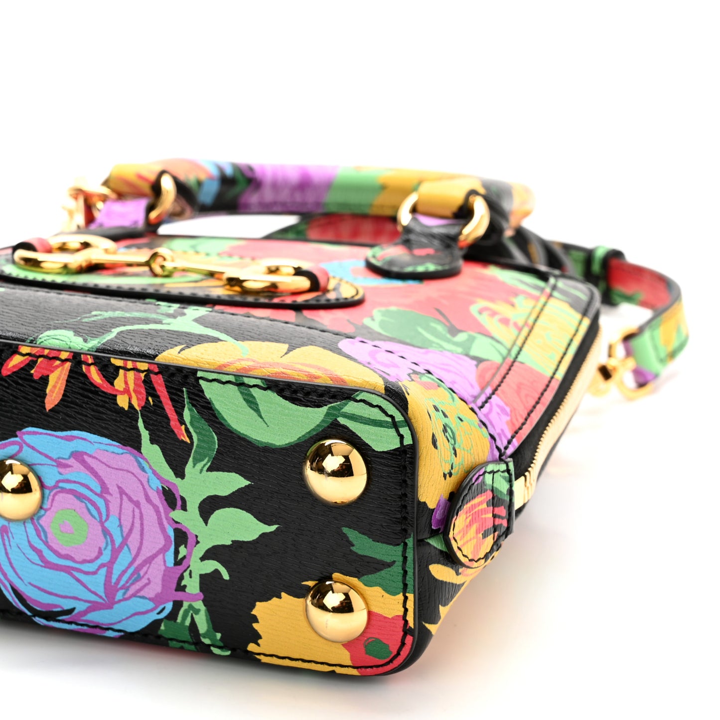 X KEN SCOTT New Shangai Calfskin Jenny Floral Print Mini Horsebit 1955 Top Handle Bag Black Pink