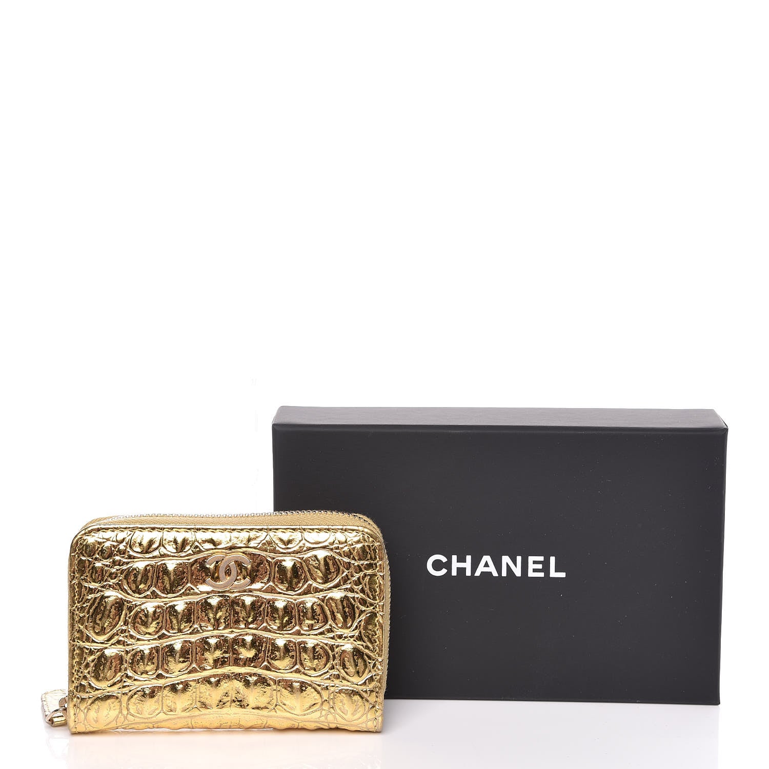 Chanel Metallic Calfskin Crocodile Embossed Cocodile Zip Coin Case Gold 8 of 8