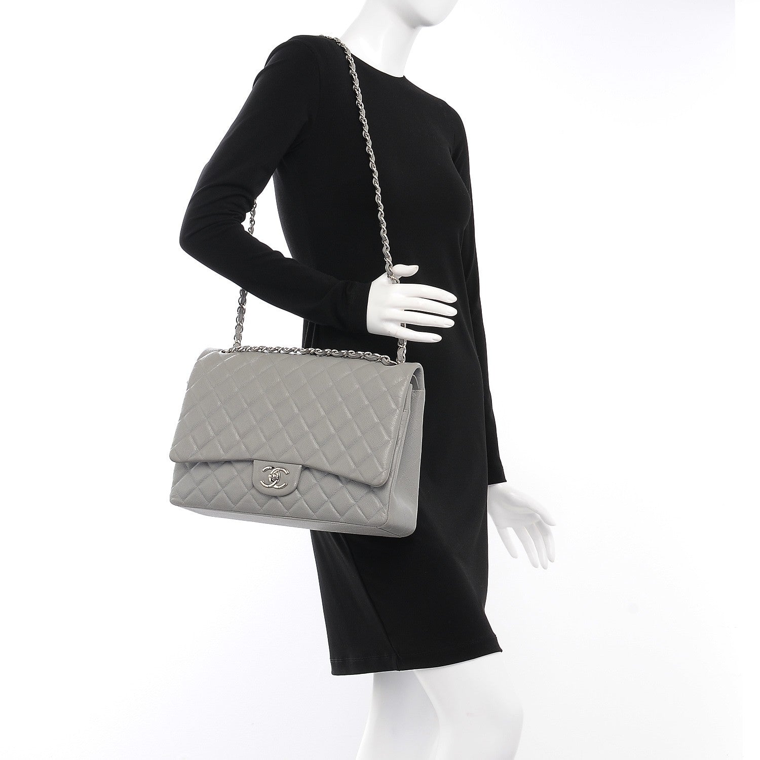 Chanel Caviar Quilted Maxi Double Flap Light Grey 2 of 11