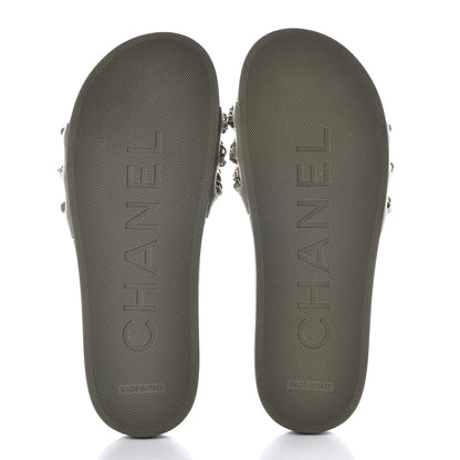 Chanel Canvas Chain Flat Sandals 39 Khaki 5 of 9