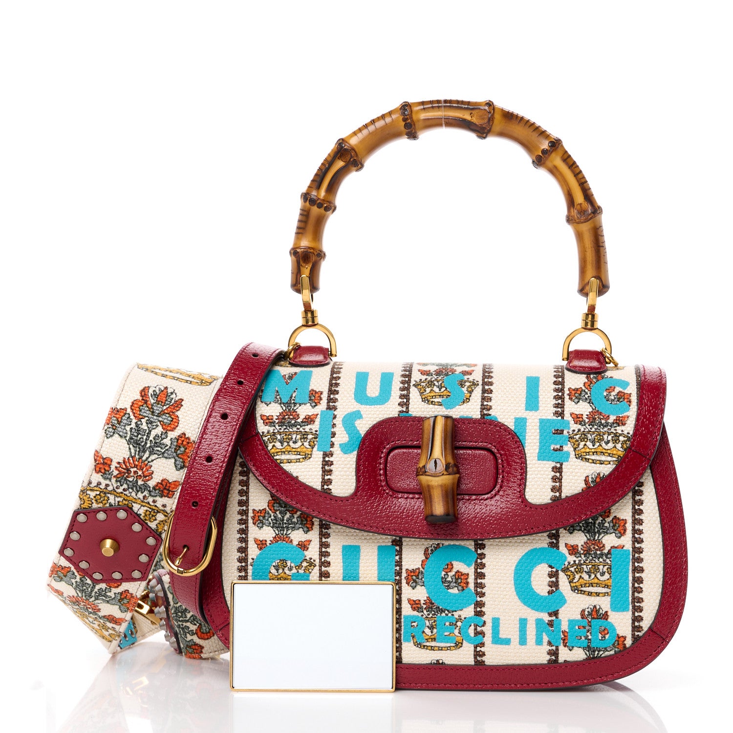 Gucci Canvas Calfskin 100 Centennial Music Medium Bamboo 1947 Top Handle Bag Ivory Red 3 of 15