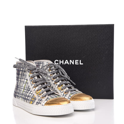 Chanel Metallic Tweed High Top Sneakers 38.5 Ecru Black Yellow Gold 11 of 11