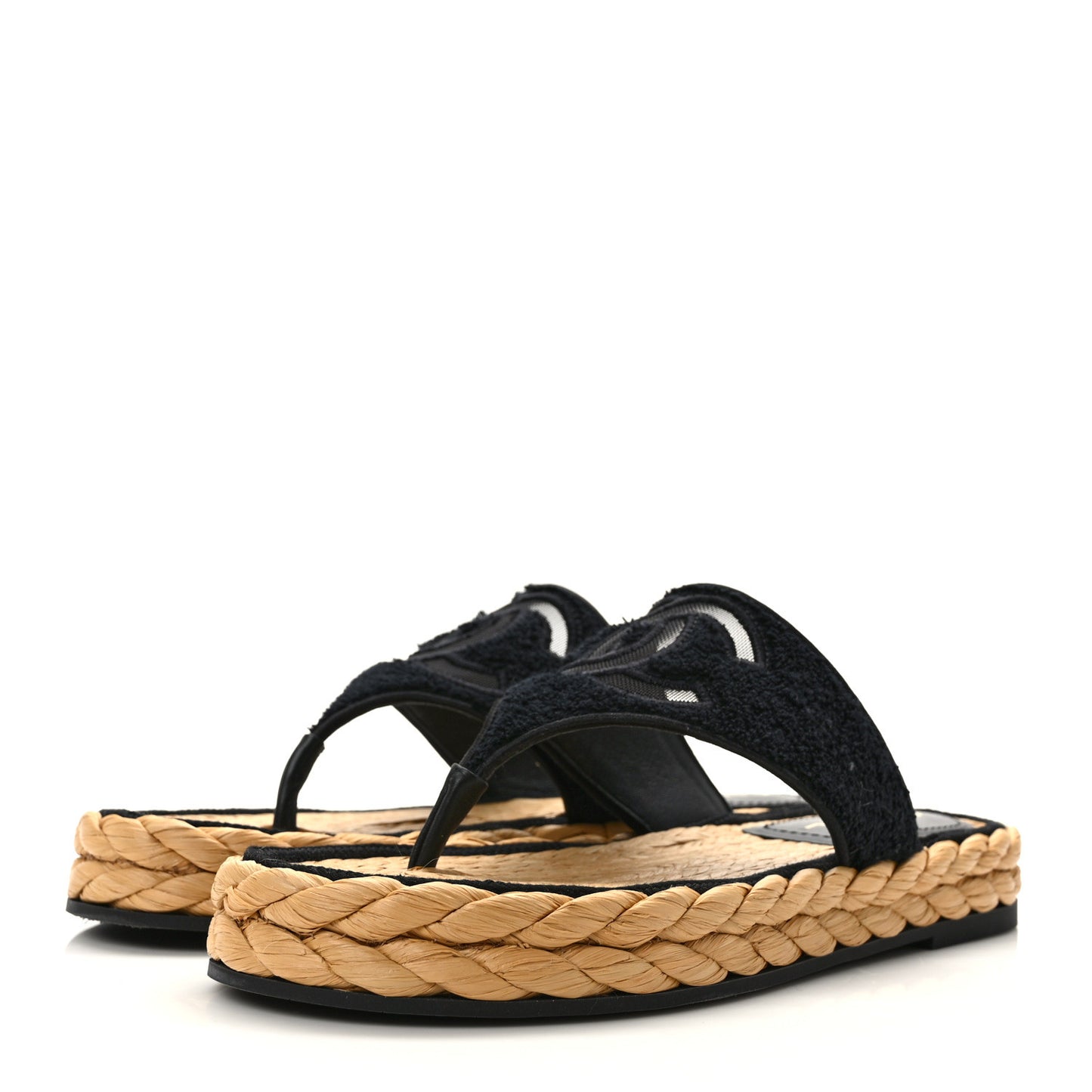 Terry Cloth Raffia CC Logo Thong Sandals 39 Black