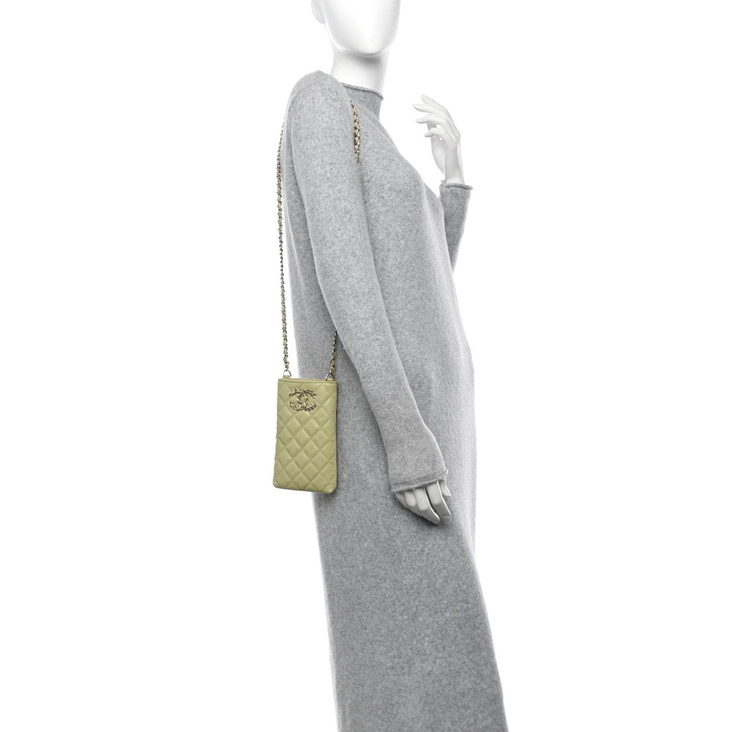 Caviar Quilted French New Wave Phone Holder With Chain Light Green