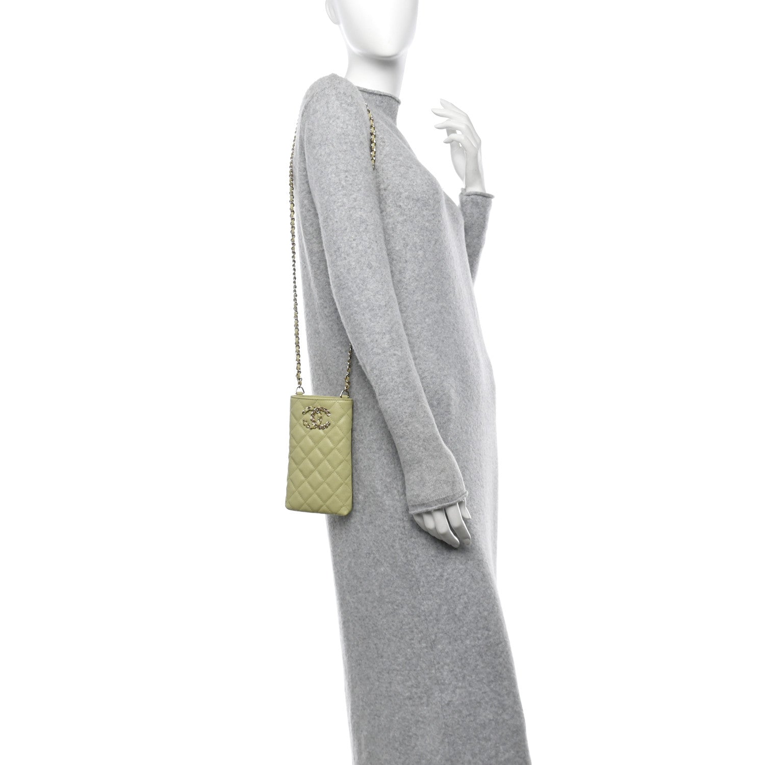 Chanel Caviar Quilted French New Wave Phone Holder With Chain Light Green 3 of 12