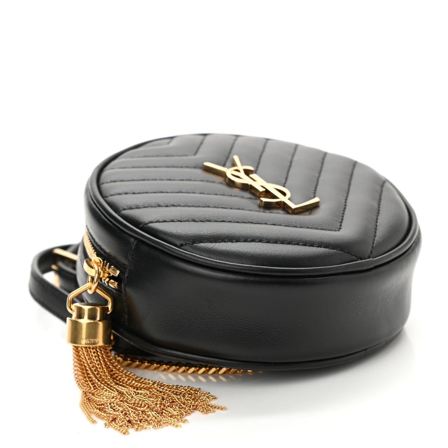 Calfskin Matelasse Chevron Quilted Baby Round Vinyle Belt Bag Black
