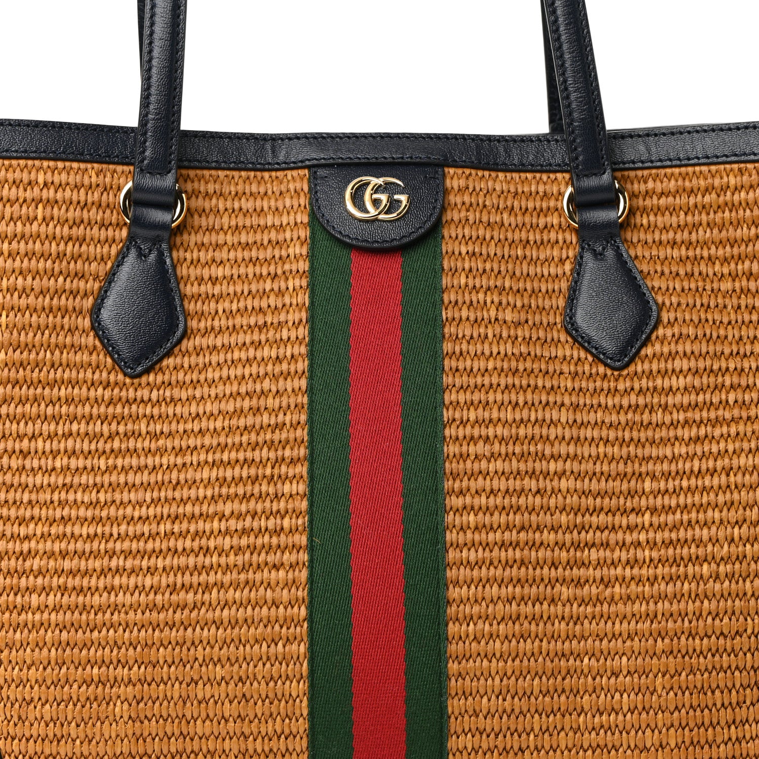 Gucci Straw Lux Calfskin Web Medium Ophidia Shopping Tote Dark Natural Blue 8 of 10