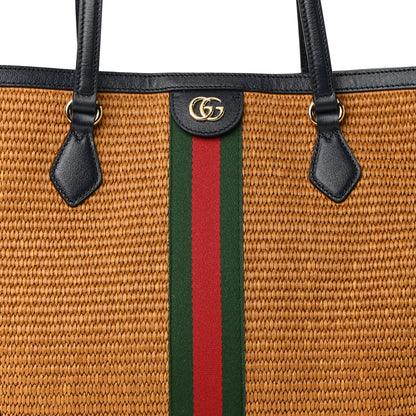 Gucci Straw Lux Calfskin Web Medium Ophidia Shopping Tote Dark Natural Blue 8 of 10