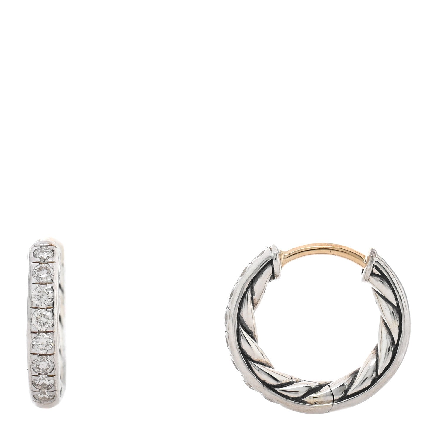 David Yurman Sterling Silver Diamond Sculpted Cable Huggie Hoop Earrings 1 of 5