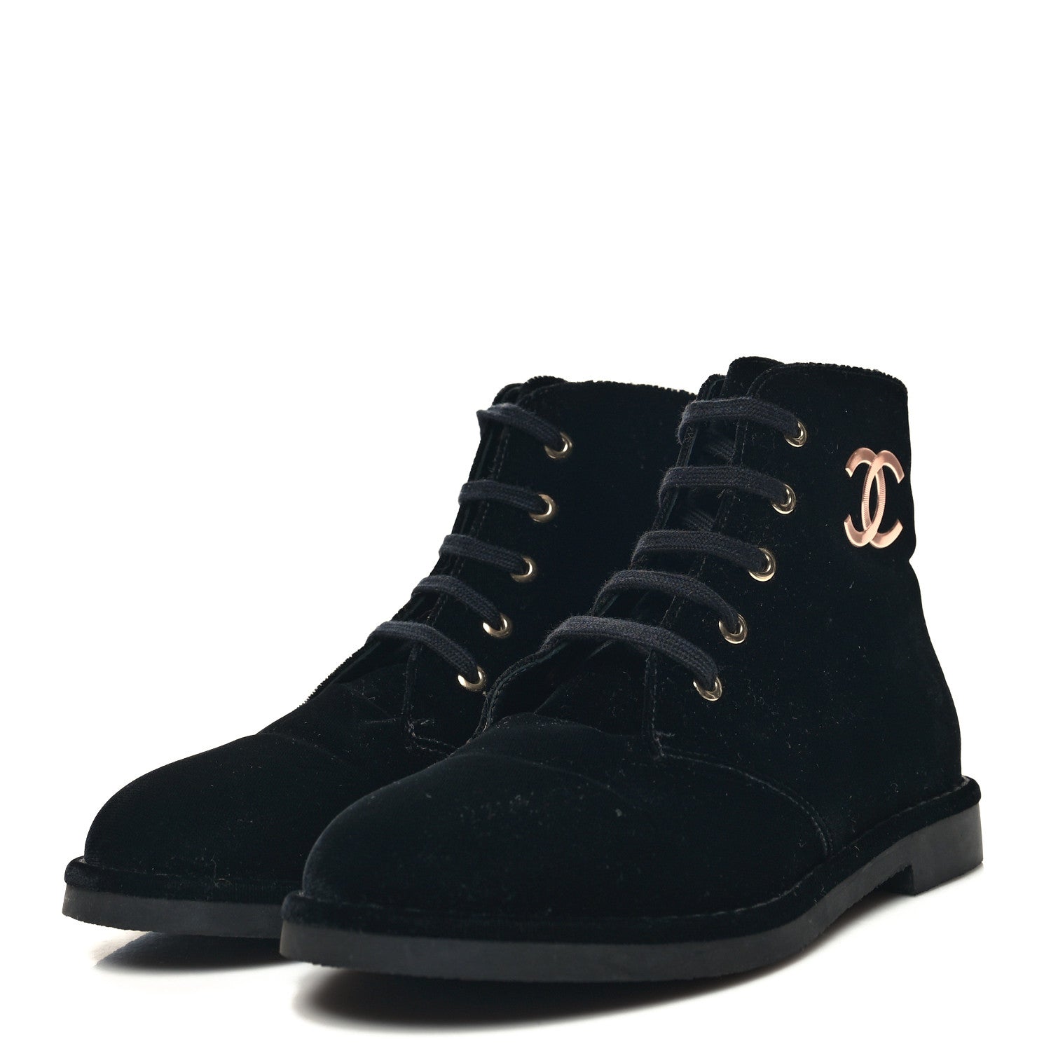 Chanel Velvet CC Lace Up Boots 37 Black 3 of 8