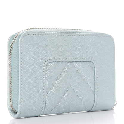 Chanel Metallic Caviar Chevron Quilted Vintage Mademoiselle Zip Coin Purse Light Blue 3 of 8