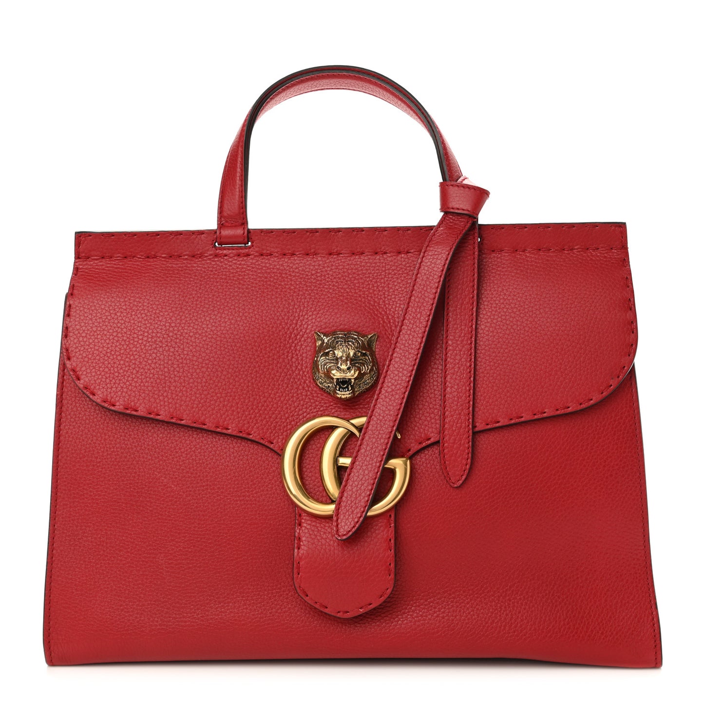 Calfskin Feline Medium GG Marmont Top Handle Bag Vulcanic Red