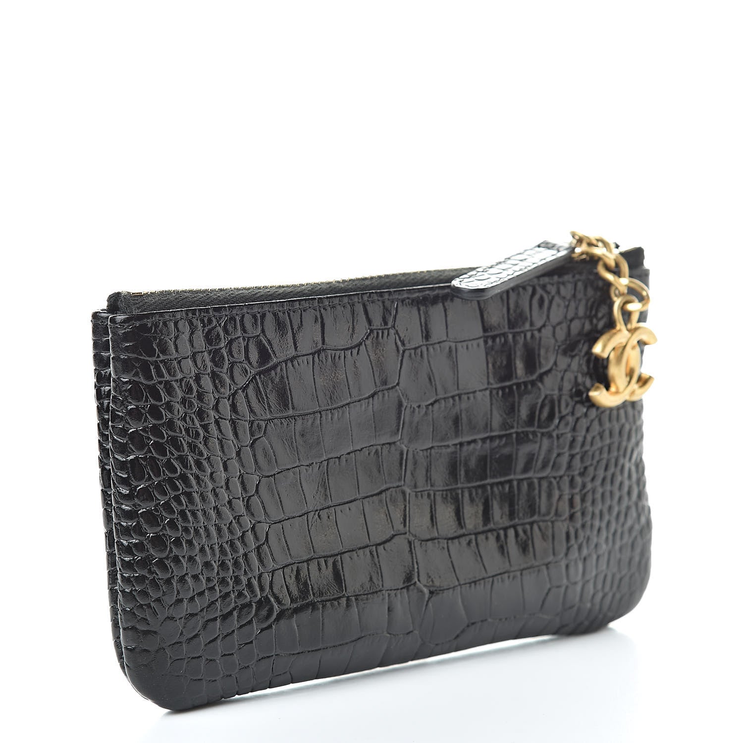 Chanel Calfskin Crocodile Embossed Cocodile Cosmetic Case Black Gold 3 of 7