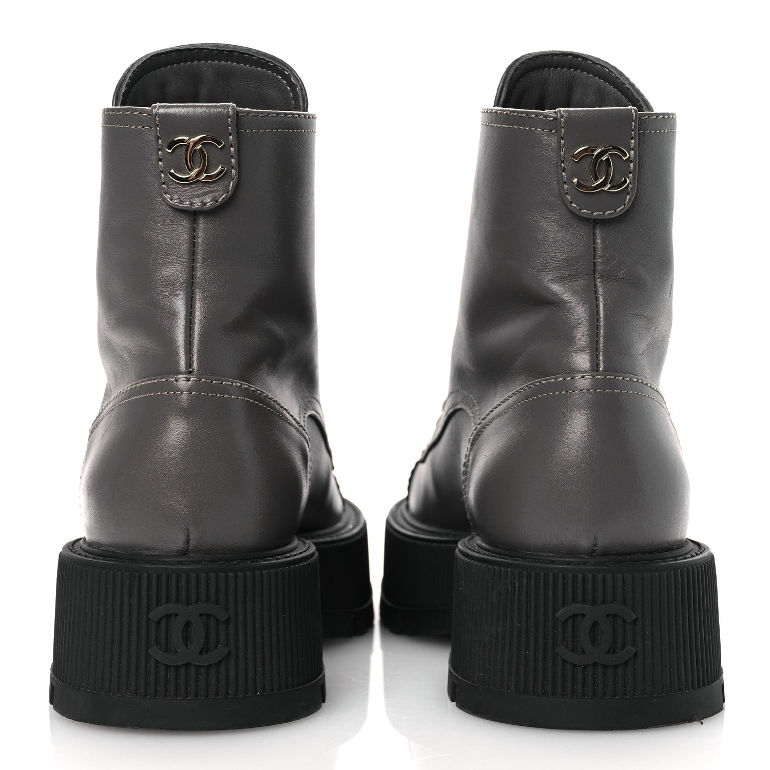 Chanel Calfskin Patent Calfskin CC Lace Up Combat Boots 36.5 Gray Black 6 of 11