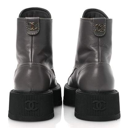 Chanel Calfskin Patent Calfskin CC Lace Up Combat Boots 36.5 Gray Black 6 of 11