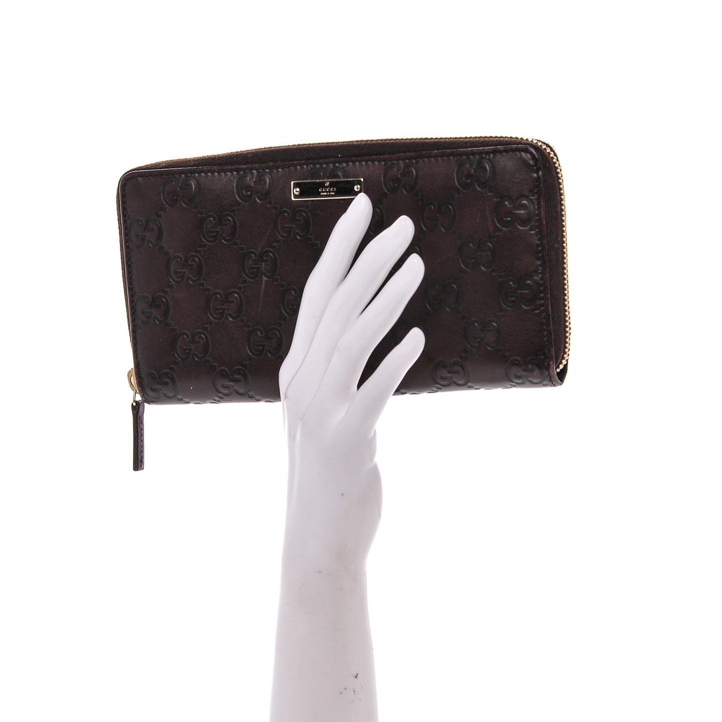 Guccissima Margaux Calfskin Metal Bar Zip Around Wallet Chocolate