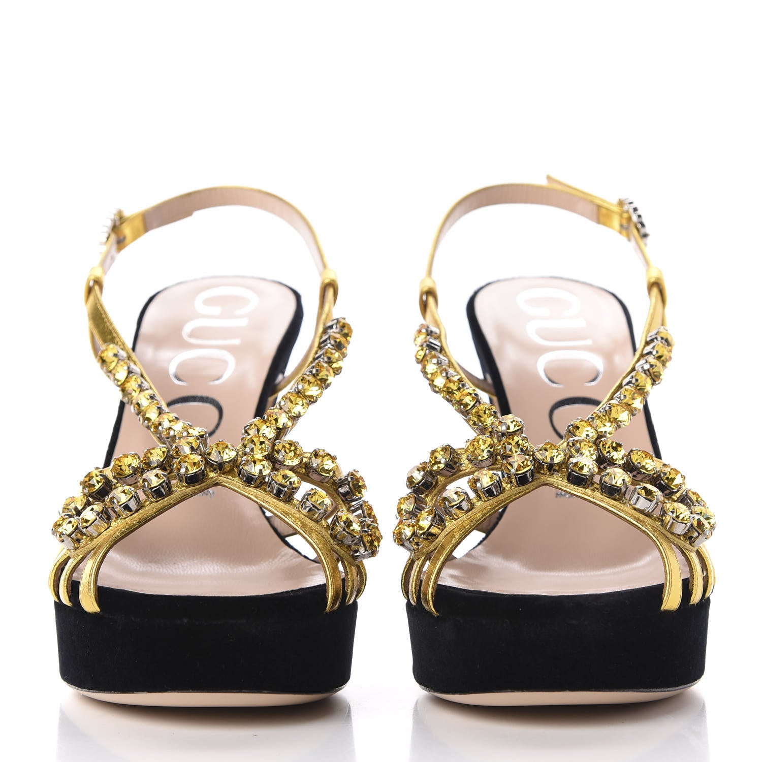 Gucci Velvet Nappa Crystal Zephyra Slingback Platform High Heel Sandals 37 Black Gold 2 of 9