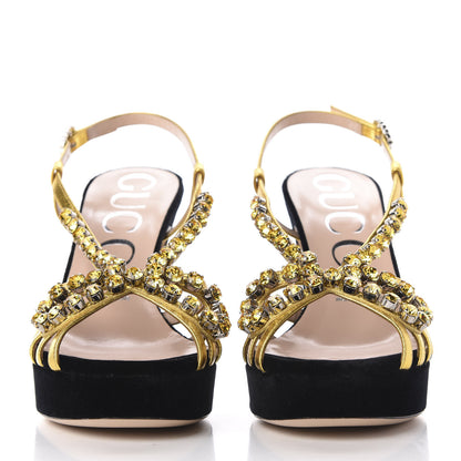 Gucci Velvet Nappa Crystal Zephyra Slingback Platform High Heel Sandals 37 Black Gold 2 of 9