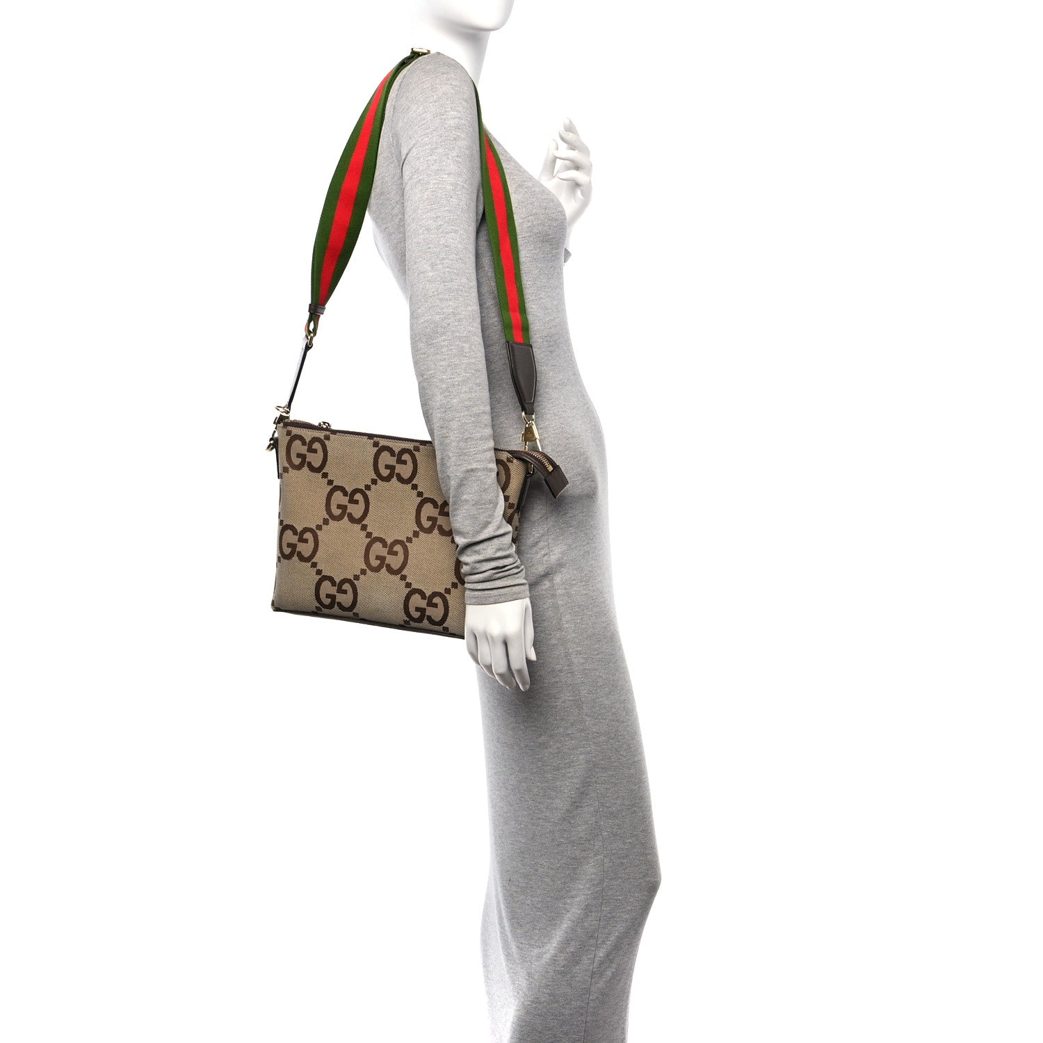 Gucci Monogram Jumbo GG Textured Dollar Calfskin Web Wristlet Messenger Bag Camel Ebony New Acero 2 of 10