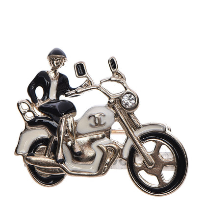 Chanel Metal Resin Crystal Motorcycle Coco Brooch Gold Black White 1 of 4