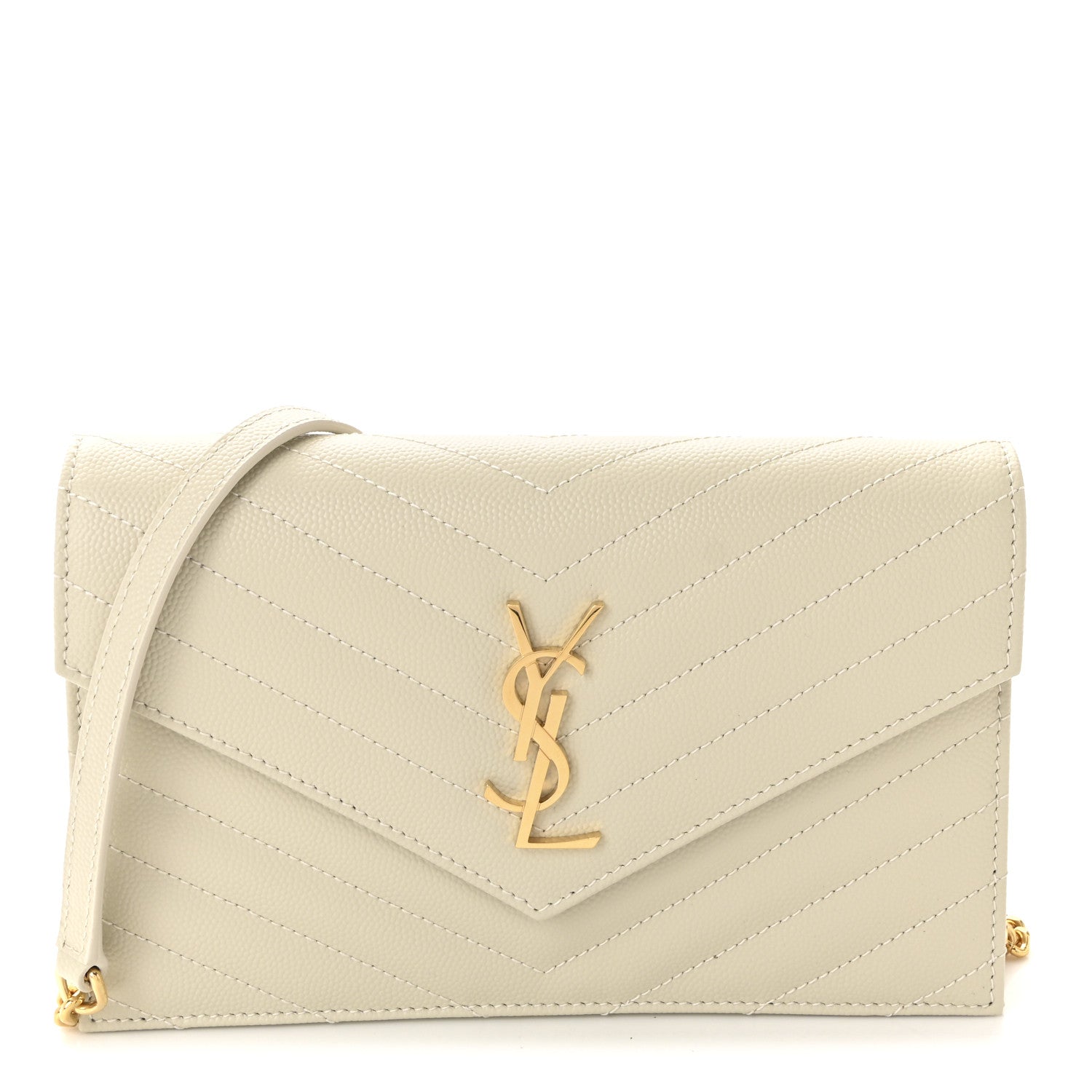 Saint Laurent Grain De Poudre Matelasse Chevron Monogram Envelope Chain Wallet Crema Soft 1 of 7