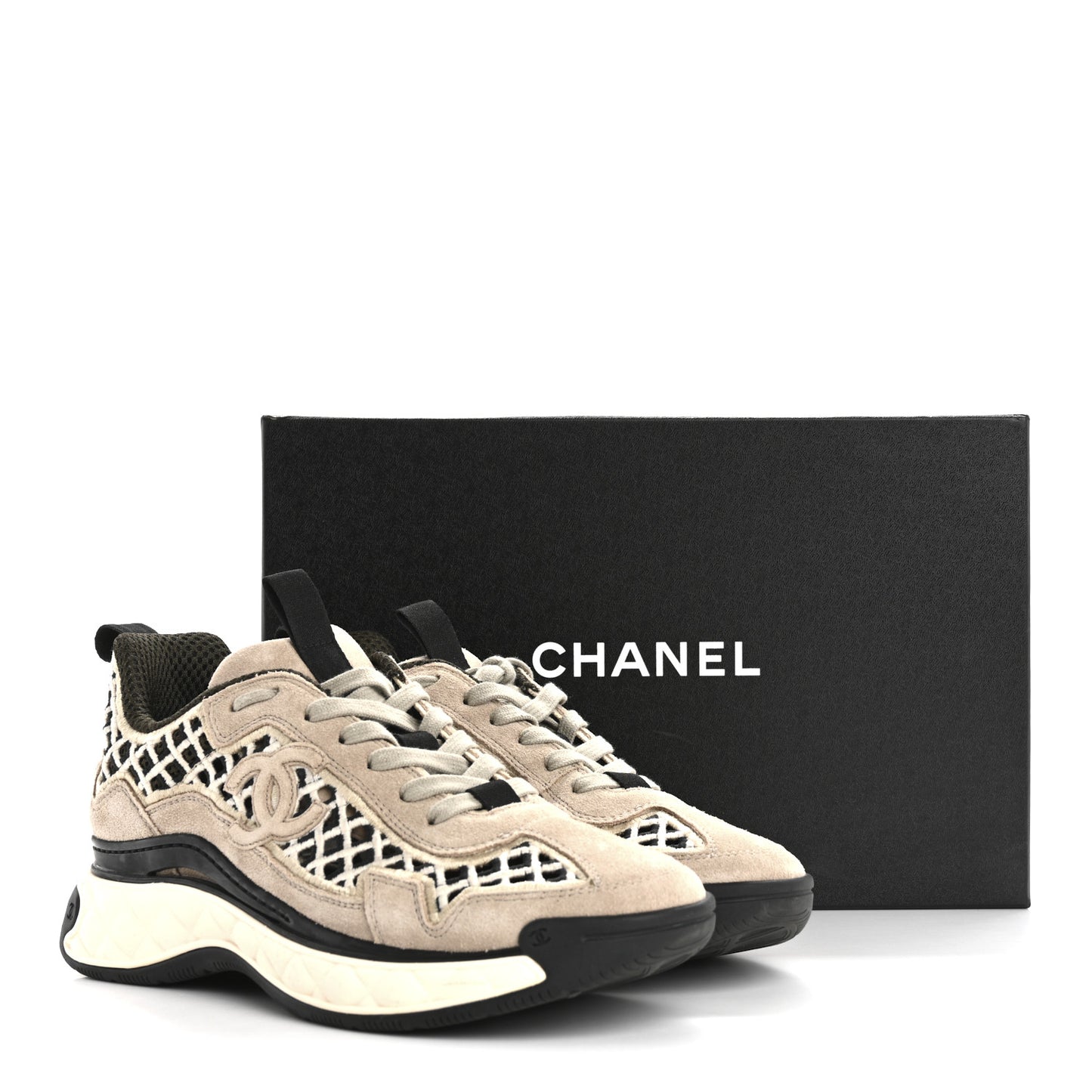 Suede Calfskin Embroidered CC Sneakers 38 Beige Black