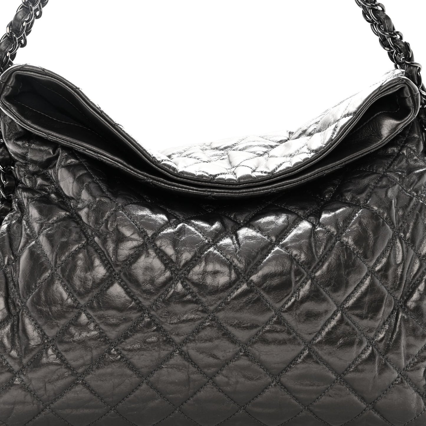 Metallic Calfskin Quilted Large Chain Me Hobo Dark Grey
