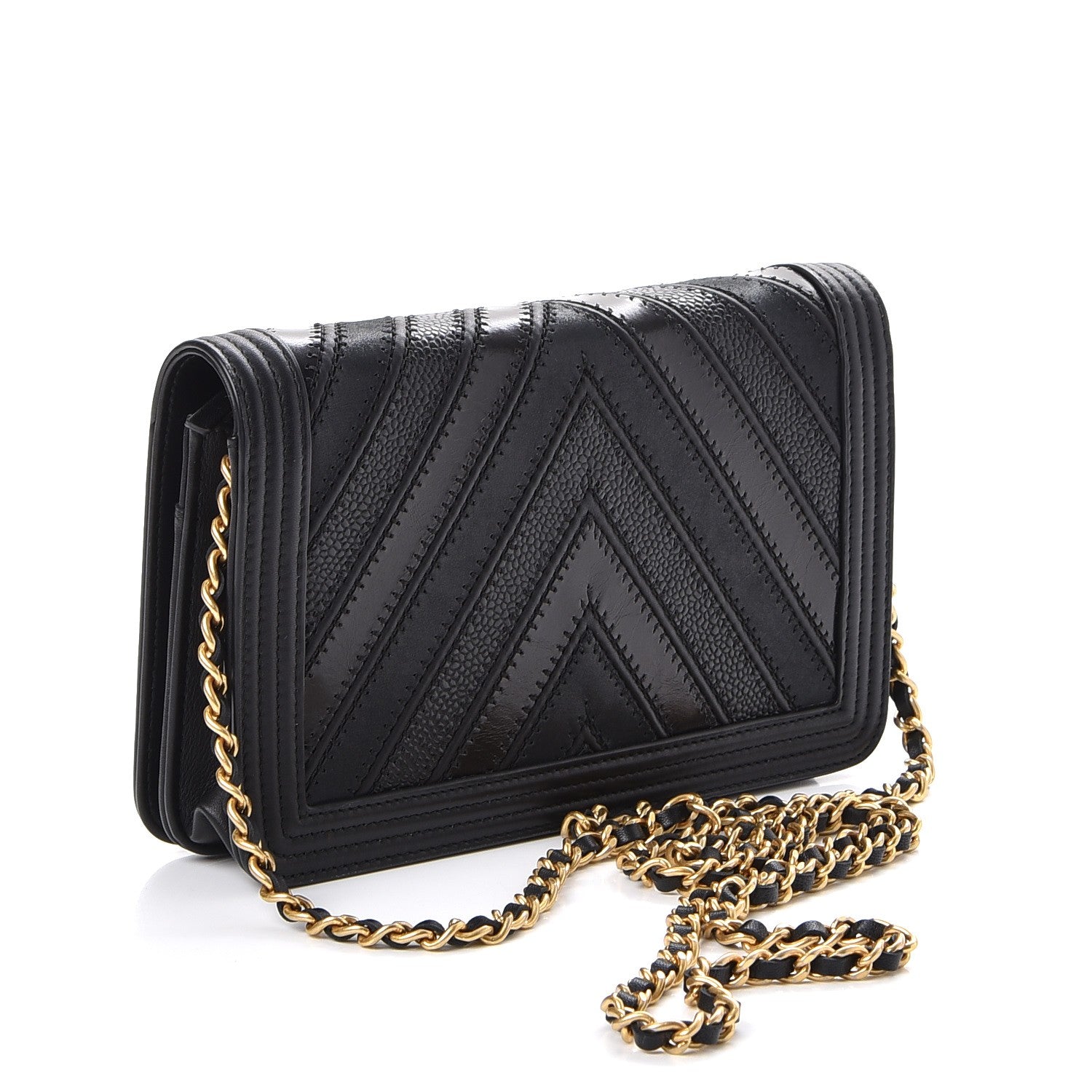 Chanel Calfskin Caviar Chevron Quilted Mixed Boy Wallet On Chain WOC Black 3 of 10
